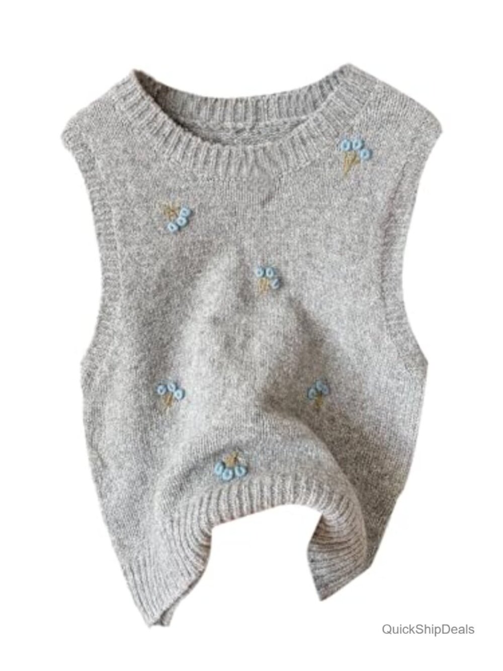Sweater Vest Crew Neck Embroidered Sleeveless Knit Pullover Top